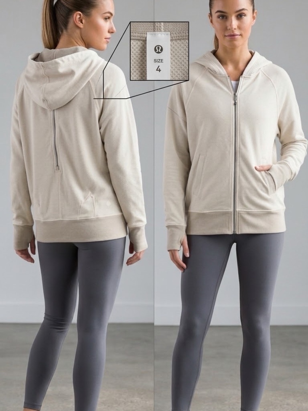 Lululemon Oversized Full-Zip Hoodie Beige / Cream (Size 4) - back zipper detail.